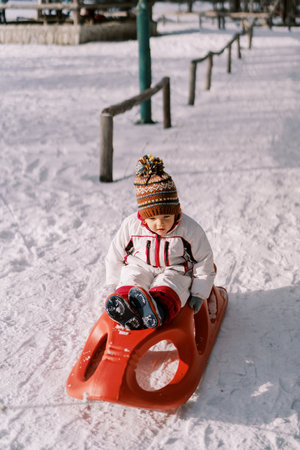 Little girl rides on a sled along a snowy path in the park holding her hands on the sidesの写真素材