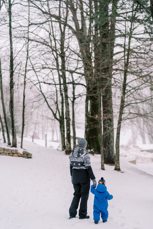 Mom with a small child stands in a snowy forest and looks into the distance. Back viewの写真素材