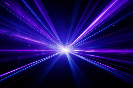 Blue and violet beams of bright laser light shining on black backgroundの素材