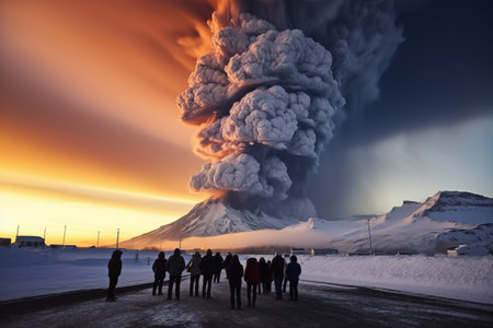 A volcano in Iceland near the town of Grindavik erupts, people are evacuatedの素材