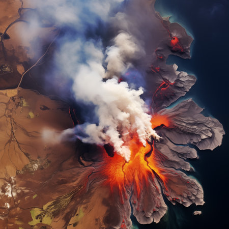 A volcano in Iceland near the town of Grindavik erupts, as seen from spaceの素材