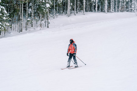 Skier in a red ski suit rides down the slope of a snowy mountainの写真素材