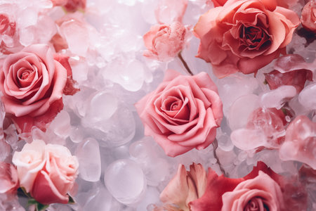 abstract background of close up of pink and red frozen flowers in iceの素材