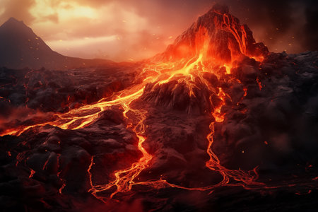 Molten lava flowing from volcano crater with ash and smokeの素材