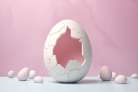 Minimal creative pastel Easter concept, painted pastel, half cracked egg with little white rabbit inside. A symbol of spring holidaysの素材