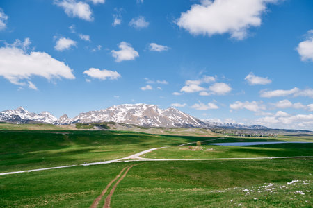 Asphalt road in a green valley past Vrazje Lake against the backdrop of mountains. Durmitor, Montenegroの写真素材