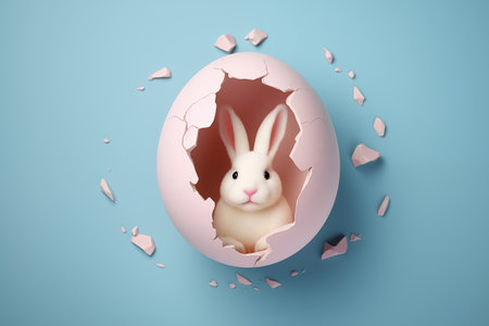 Minimal creative pastel Easter concept, painted pastel, half cracked egg with little white rabbit inside. A symbol of spring holidaysの素材