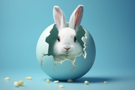 Minimal creative pastel Easter concept, painted pastel, half cracked egg with little white rabbit inside. A symbol of spring holidaysの素材