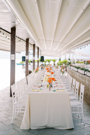 Long festive table set with bouquets of flowers under a canopy