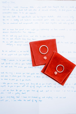Wedding rings lie on red jewelry cases at a wedding vow