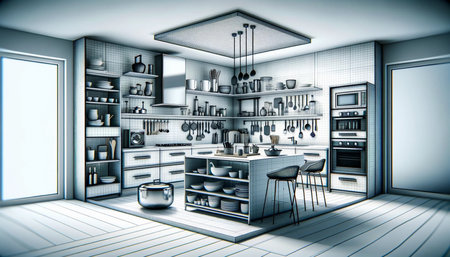 interior of a modern kitchen with appliances, utensils, and a kitchen islandの素材