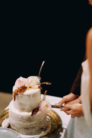 Bride and groom cut the wedding cake together. Cropped. Faceless