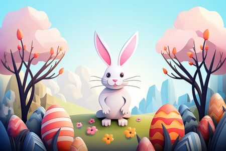 greeting card with title Happy Easter. Cartoon spring scene with cute colored eggs and ears of a bunny. Holiday background with trees, bushes and place for textの素材