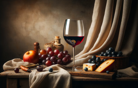 An artistic still life arrangement with a glass of red wine, cheese, and fruit on a rustic wooden table, capturing the essence of a timeless and elegant sceneの素材