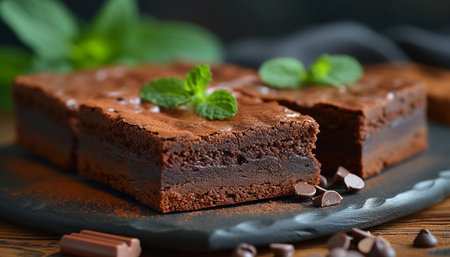 Close-up of brownie dessert on plate.の素材
