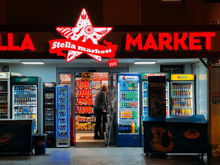 Budva, Montenegro - 25 december 2022: Refrigerators with drinks stand near a small shop. Caption: Stella marketiのeditorial素材