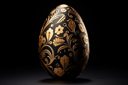 Falling luxury golden 3d easter egg with pattern on black background. 3d rendering Happy Easter Luxury background with golden and black eggsの素材