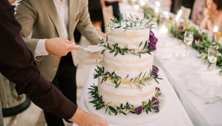 Men take a piece of wedding cake on the table with a spatula. Cropped. Facelessの写真素材