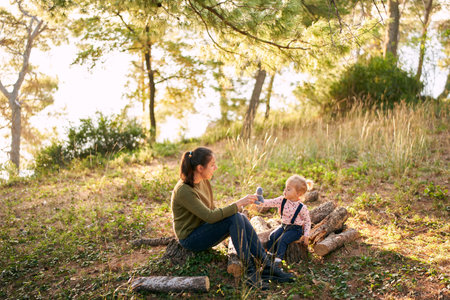 Mom with a little girl are sitting on decks in a sunny forest and playing with a plush catの写真素材