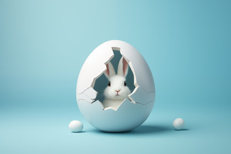 Minimal creative pastel Easter concept, painted pastel, half cracked egg with little white rabbit inside. A symbol of spring holidaysの素材