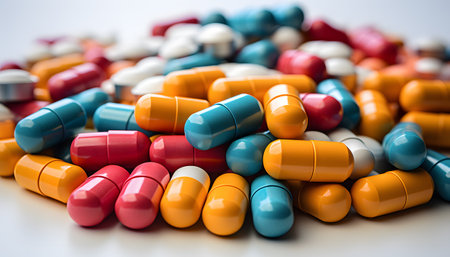 White pills on blue backgroundの素材