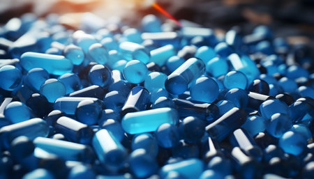 White pills on blue backgroundの素材