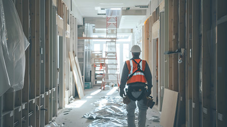 a construction worker is walking down a hallway in a building under constructionの素材