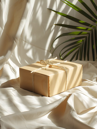 A box wrapped in brown paper sits on a bed next to a palm treeの素材