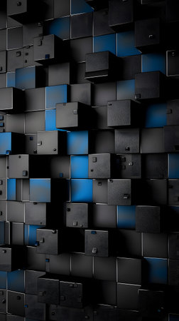 Symmetric pattern of brown and blue cubes on dark flooringの素材