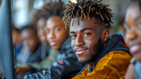 Happy group of young men smiling, sharing a fun movie event on computer screenの素材