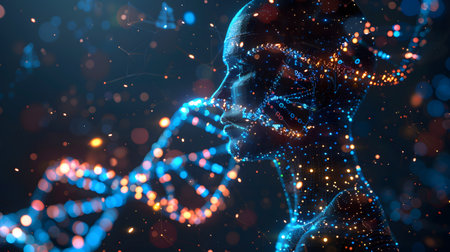 a silhouette of a person made of dna moleculesの素材
