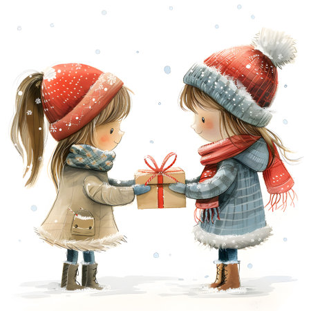 Child sharing a happy cartoon illustration as a gesture of friendship in winterの素材