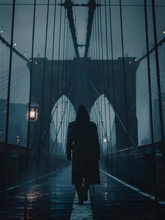 a person is walking across a bridge in the rainの素材