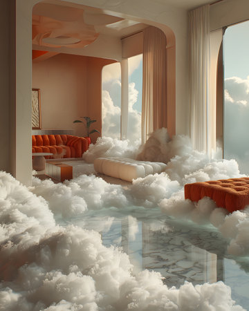 a living room with a lot of clouds on the floor