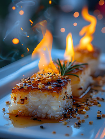Flaming dessert plate with baked goods and ingredientsの素材