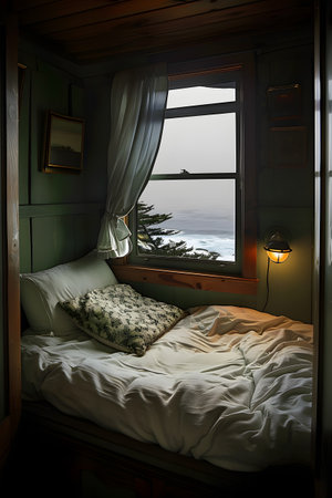 a bedroom with a bed and a window with a view of the oceanの素材