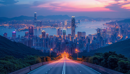 The perspective of the road against the background of sunset and the cityscapeの素材
