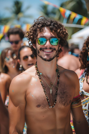 A man with sunglasses and a necklace smiles in a crowdの素材