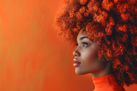 Woman with red Jheri curl hair in orange turtleneckの素材
