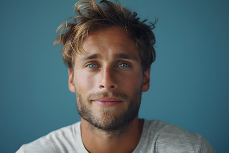 Closeup of a mans face with blue eyes, beard, and smileの素材