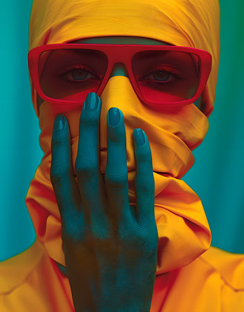 Person wearing sunglasses with hand covering face, hiding eyes and foreheadの素材