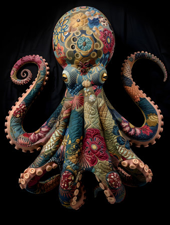a colorful octopus is sitting on a black surfaceの素材