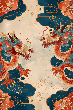 a painting of two dragons flying in the sky surrounded by cloudsの素材
