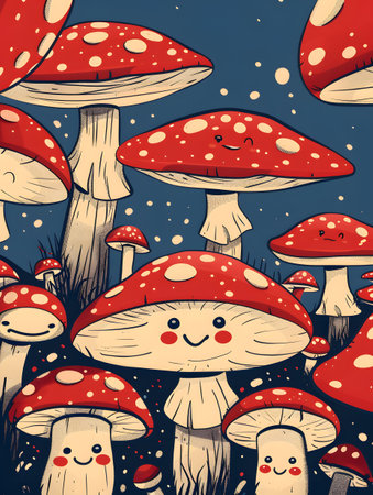 Creative art of redfaced mushrooms, illustrated terrestrial plants in paintingの素材