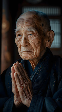 a close up of an elderly man with his hands folded in prayerの素材