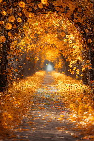 A Brown Wood Road surface surrounded by Amber leaves in autumnの素材