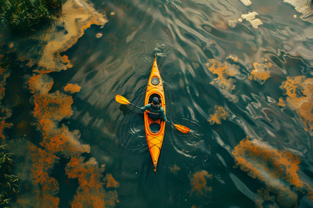 Orange kayak seen from above on river water, fish swim underneathの素材