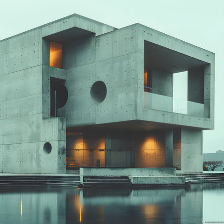 a large concrete building with a pool in front of itの素材
