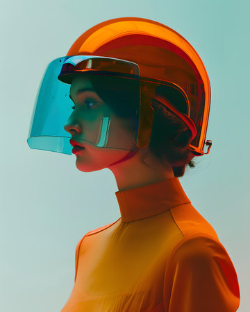 A woman donning a blue visor on her orange helmet, covering her head and faceの素材