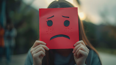 Woman holding red paper with sad face art in front of her headの素材